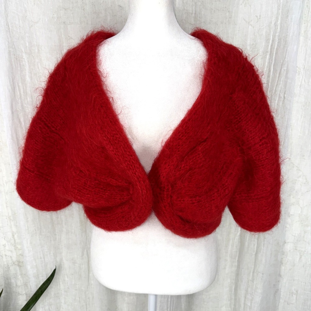 Vtg Red Hand Knit Mohair Shrug L Romantic Indie Twee Fuzzy Cozy Chunky Cardigan